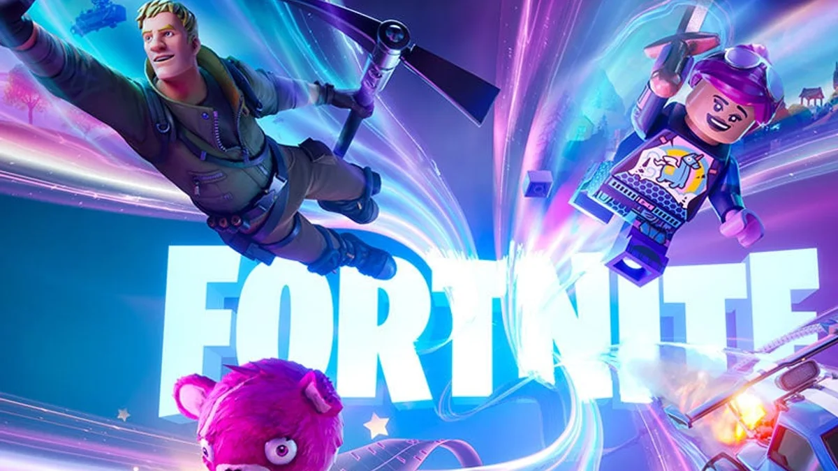 Fortnite gameplay screenshot from IGN showing combat and map pressure