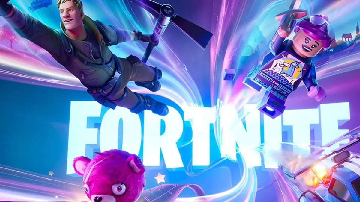 Fortnite gameplay screenshot from IGN showing combat and map pressure