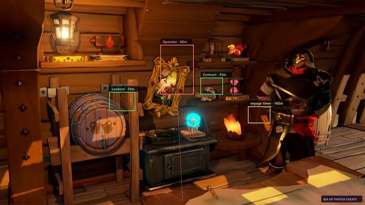 Sea of Thieves ESP highlighting loadout, contract, and operator targets inside a ship cabin